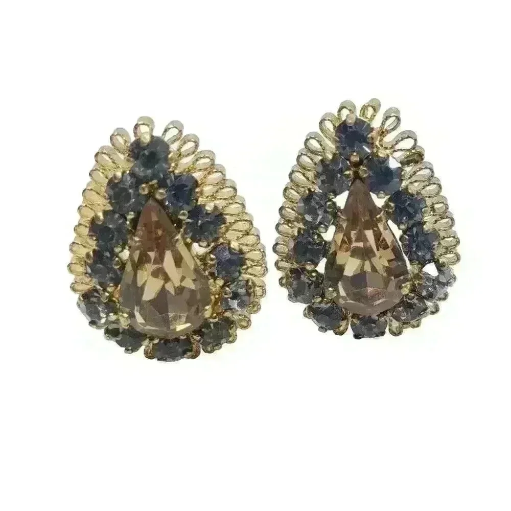 Vintage Earrings Clip Gold Filigree Topaz & Blue Rhinestone Drama Fancy Clip